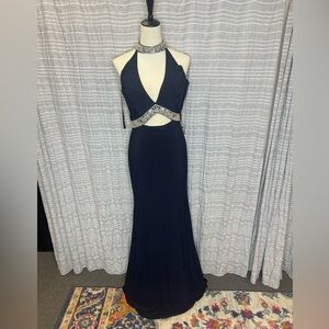 Rachel Allan Navy Backless Gown with Silver Accents